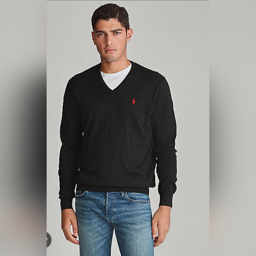 Ralph Lauren Textured Cotton V-neck Sweater in Black Sz M